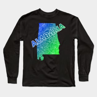 Colorful mandala art map of Alabama with text in blue and green Long Sleeve T-Shirt